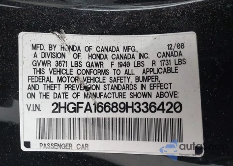 2009 Honda Civic Lx-S z USA, uszkodzony, nr VIN 2HGFA16689H336420